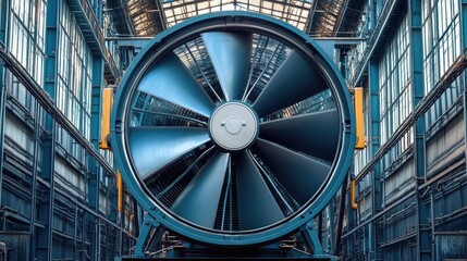 Fototapeta premium Metal-framed cooling fan mounted on structural support beams