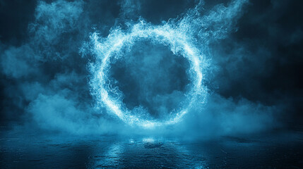 Glowing blue ring in smoky atmosphere.
