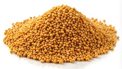 Fototapeta premium Heap of mustard seeds with a golden yellow hue on white background