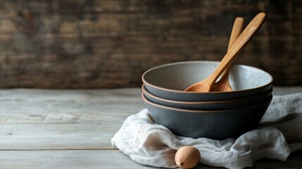 Wooden bowl and spoon on rustic table with eggs for farmhouse breakfast country kitchen scene