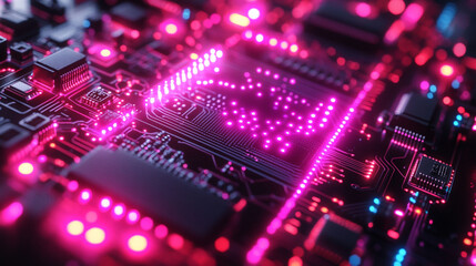 Abstract close-up view of a circuit board with glowing components, highlighting intricate pathways and electronic design.