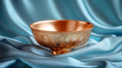 Copper bowl on a light teal silk background.