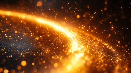Abstract glowing golden stream of particles against a dark background.