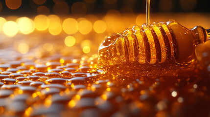 Honey dripping from dipper onto honeycomb.