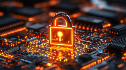 A glowing padlock icon rests on a circuit board, symbolizing cybersecurity and digital protection.