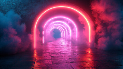 Neon arch tunnel with pink and blue light, smoky atmosphere.