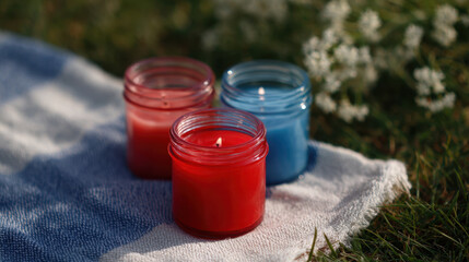 Red and blue candles on picnic blanket outdoors