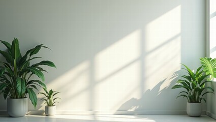 Fototapeta premium Tall green indoor plants stand in decorative pots near a bright window, with soft sunlight casting leafy shadows across the white wall and wooden floor. Generative, AI,
