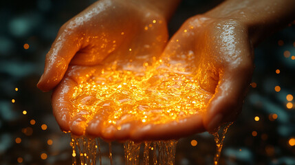 Hands holding glowing golden liquid, water flowing down.