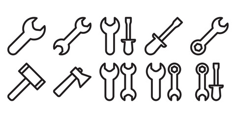 Set of vector tool icons including axe, screwdriver, spanner, and hammer. Perfect for construction, repair, handyman services, workshop, and industrial design themes.