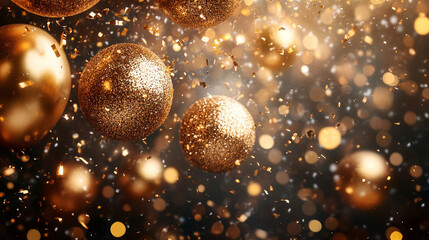 Golden Christmas ornaments, confetti, and bokeh. Festive, celebratory background.