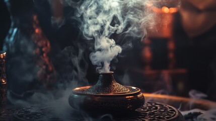 Incense burner releasing smoke in dark room with spiritual mystical ambiance for meditation relaxation ritual scene
