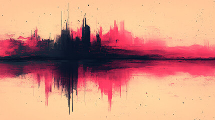 Abstract cityscape reflected in water,  vibrant colors,  silhouette,  urban,  horizon,  landscape,  digital art