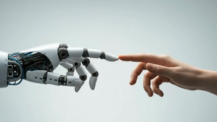 Human and robotic hands engaging in a futuristic touch gesture on a minimalist background - Powered by Adobe