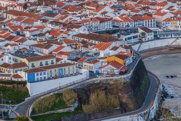 Elevated Vista of Angra do Heroismo Historic Center and Waterfront from Monte Brasil, Azores....