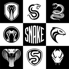 A collection of black and white snake logos and emblems, featuring stylized serpents with aggressive expressions, fangs exposed, and dynamic curves, ideal for branding or tattoo design.