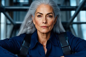 A woman with grey hair wearing a blue shirt