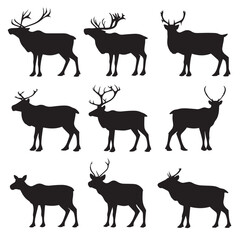 Vector silhouette set of reindeer on white background 