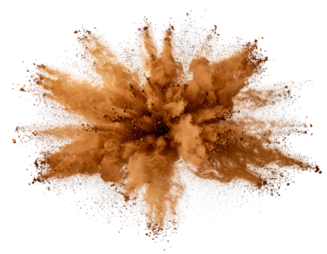 A vibrant explosion of brown and white powder, creating a dynamic, symmetrical burst against a black background