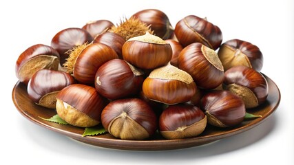 Obraz premium Delicious Chestnut Pile on a Wooden Plate Perfect for Autumn Treats