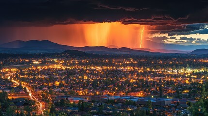 Sparkling rain dances under a stormy canopy of thick, dramatic night clouds
