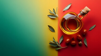 Fototapeta premium Olive oil bottle with chili and herbs on vibrant gradient background for cooking health food nutrition scene
