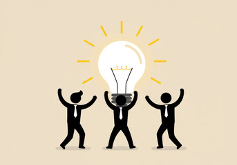 Team of businesspeople holding glowing light bulb symbolizing teamwork and innovation on beige background  