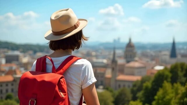 Young woman with backpack overlooking a the city in Europe on vacation holiday