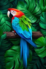 Fototapeta premium A colorful parrot sitting on a branch surrounded by green leaves