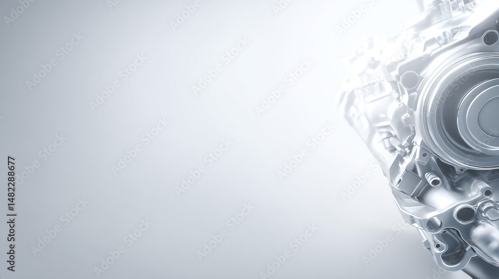 Poster detailed view of a mechanical engine component with a sleek design and bright background.