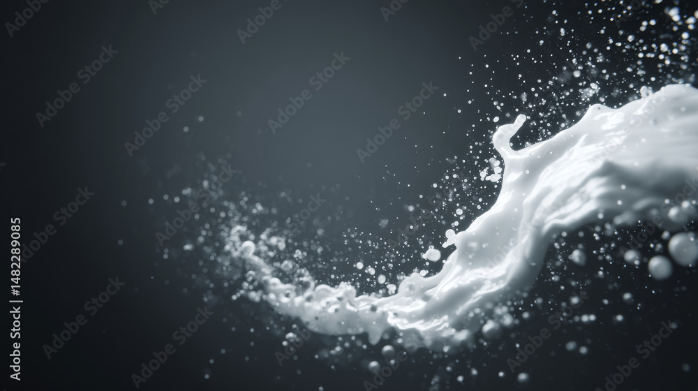Aufkleber dynamic splash of milk with soft textures and droplets against a dark background.