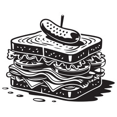Bold graphic illustration of a delicious sandwich with intricate details Vector black silhouette. with white background