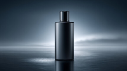Elegant black bottle standing on a reflective surface with a moody backdrop.
