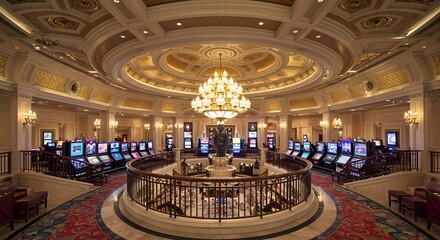 Obraz premium Casino Interior with Slot Machines and Elegant Chandelier Lighting