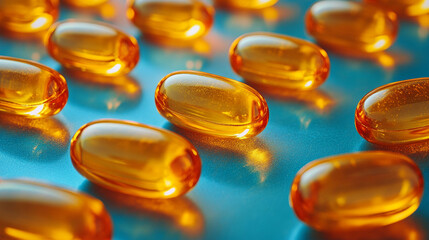 Close-up of multiple translucent orange capsules on a reflective turquoise surface.