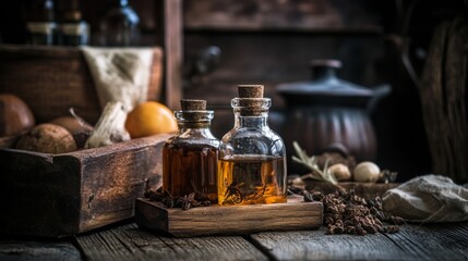 Rustic table with herbal bottles and old books for apothecary vintage medicine healing natural remedy antique scene
