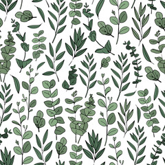 Seamless pattern of green of eucalyptus leaves and branches. Green background. Different shapes of leaves. Vector illustration