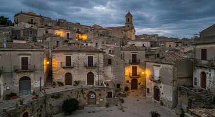Fototapeta premium Charming Hillside Village at Dusk with Stone Buildings and Church
