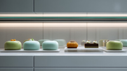 Elegant pastries arranged on a modern display, showcasing vibrant colors and textures.