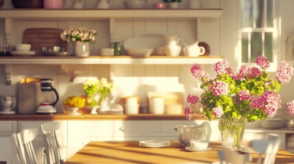 Sunny kitchen interior with flowers