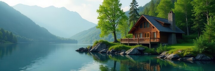Fototapeta premium Cozy lakeside cabin nestled amongst lush green trees Tranquil scene , landscape, water