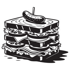 Bold graphic illustration of a delicious sandwich with intricate details Vector black silhouette. with white background
