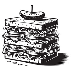 Bold graphic illustration of a delicious sandwich with intricate details Vector black silhouette. with white background