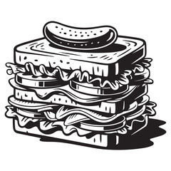 Bold graphic illustration of a delicious sandwich with intricate details Vector black silhouette. with white background