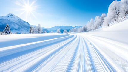 Ski Trail. Groomed Cross-Country Ski Trail on Snowy Mountain Road in Winter