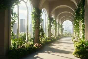 Fototapeta premium Sunlit Indoor Garden Hallway with Arched Windows and Lush Green Foliage.