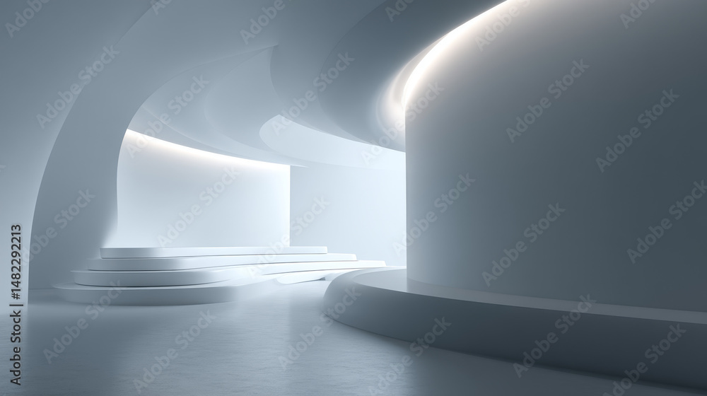 Poster futuristic interior design with curved walls and soft lighting for modern spaces.