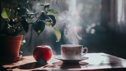 Steaming cup with apple on wooden table by window for cozy autumn morning tea warmth comfort seasonal scene
