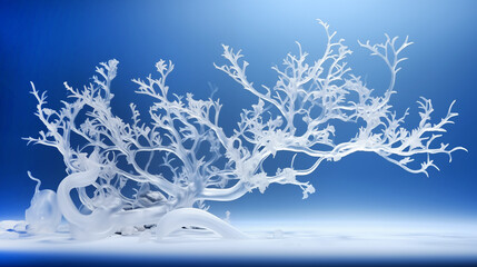 white frosted glass tree on blue background and stones