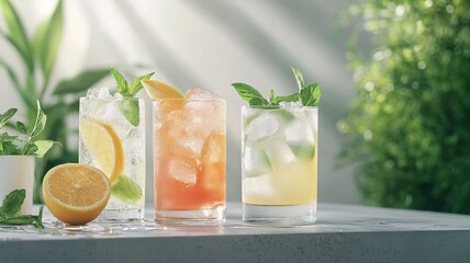 Fototapeta premium Refreshing Summer Drinks with Citrus and Mint in Bright Outdoor Light summer refreshing mint citrus